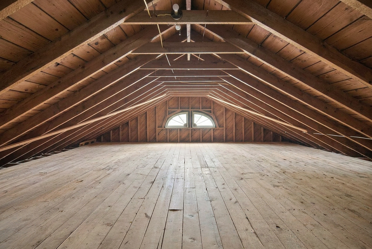 Full-length attic floor with exposed rafters and an arched window — unfinished and full of potential