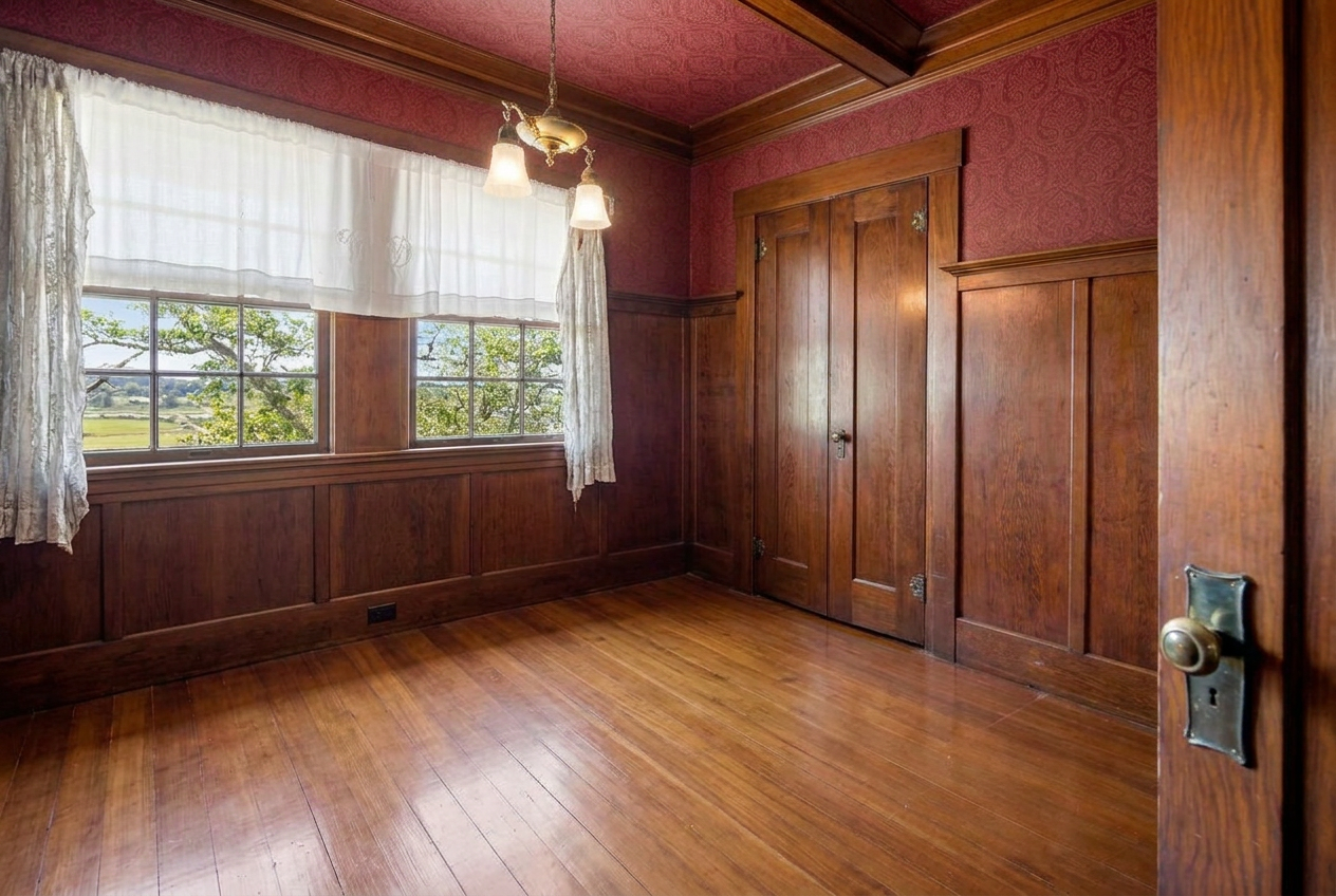 Panelled room with red wallpaper, valley views and original brass hardware, shown vacant