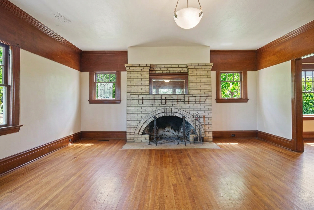 Living room hearth in glazed brick beneath original oak beams, shown vacant